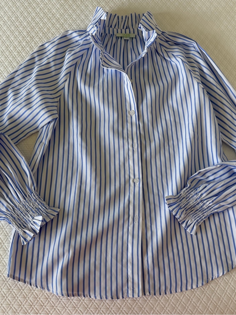 Jade Blue and White Striped Button-Down Blouse